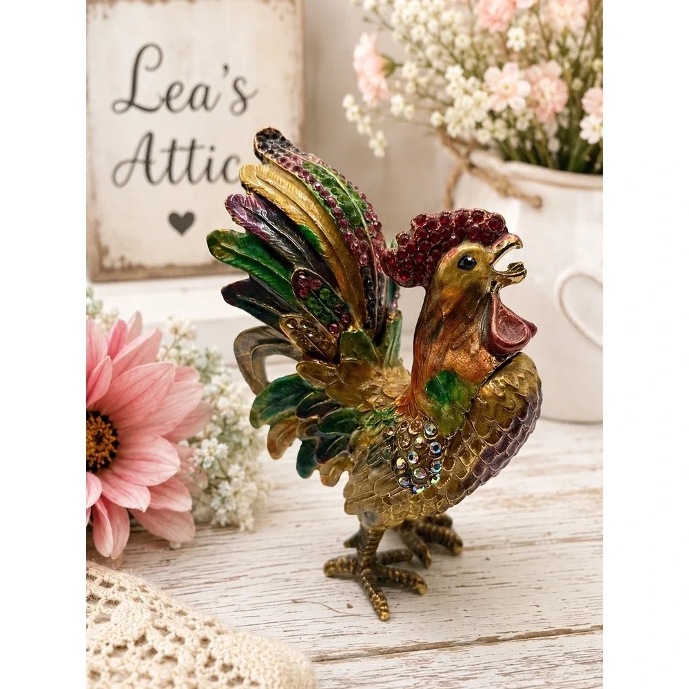 Sevenbees Vintage Style Jeweled Rooster Trinket Box Colorful Enamel Rhinestone